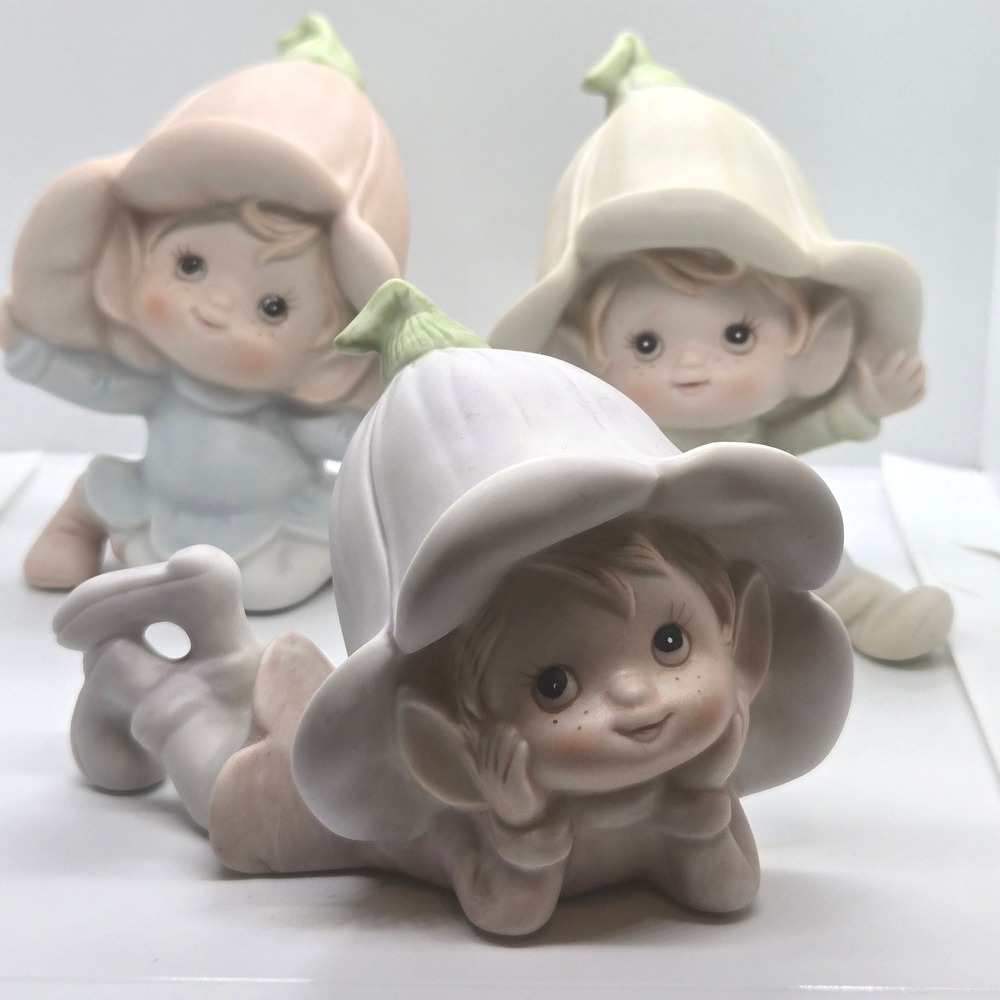Vintage 1970s Homco Flower Pixie Elf Porcelain Figurine Pastel Garden Decor